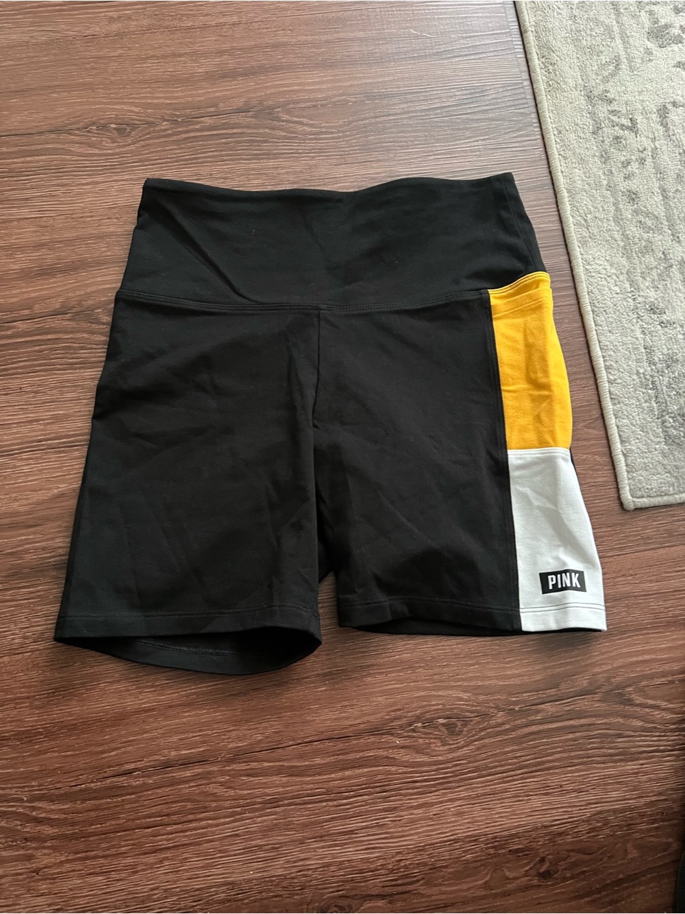 PINK Victoria's Secret Black Shorts with Yellow and White Side Panels
